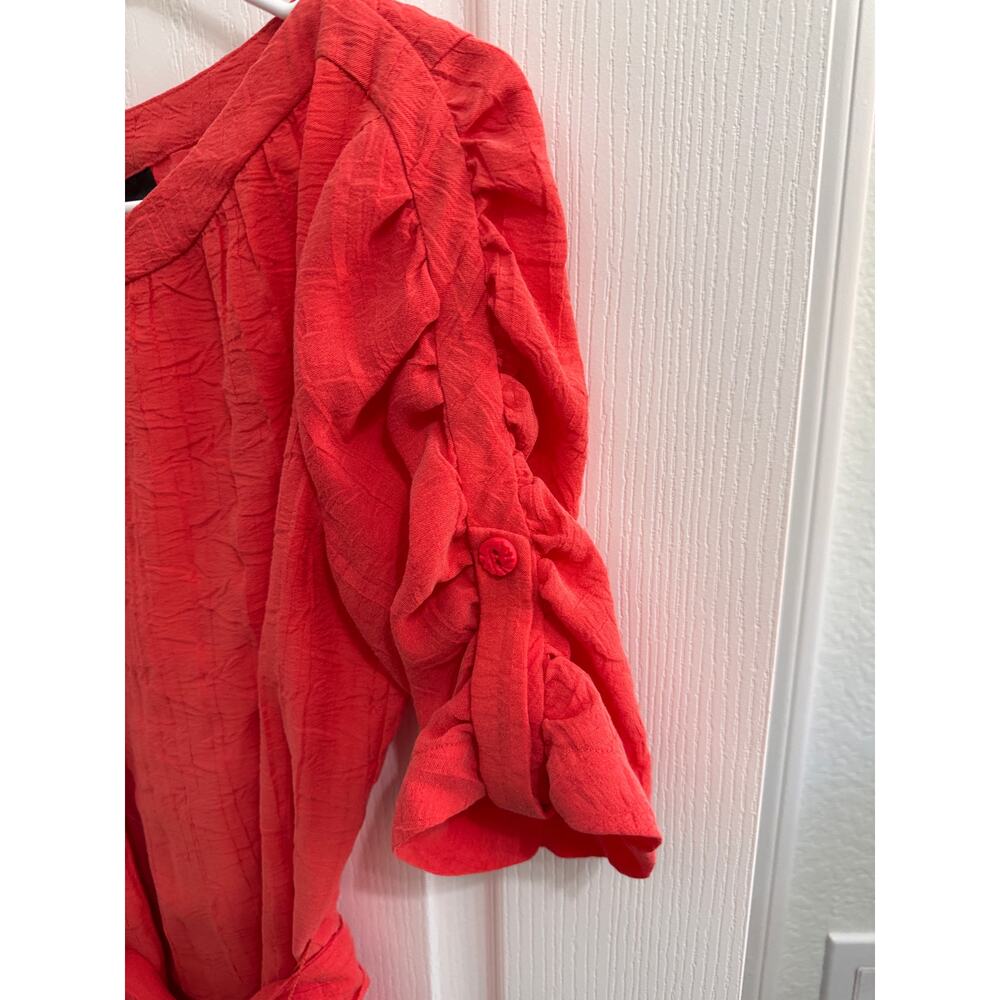 DUE PER DUE Coral Textured Puff-Sleeve Blouse with Waist Tie - Picture 4 of 8